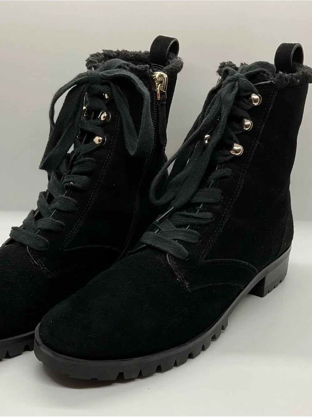 KATE SPADE NEW YORK Raegan Faux Shearling Combat Suede Black Boots  Size 6.5
